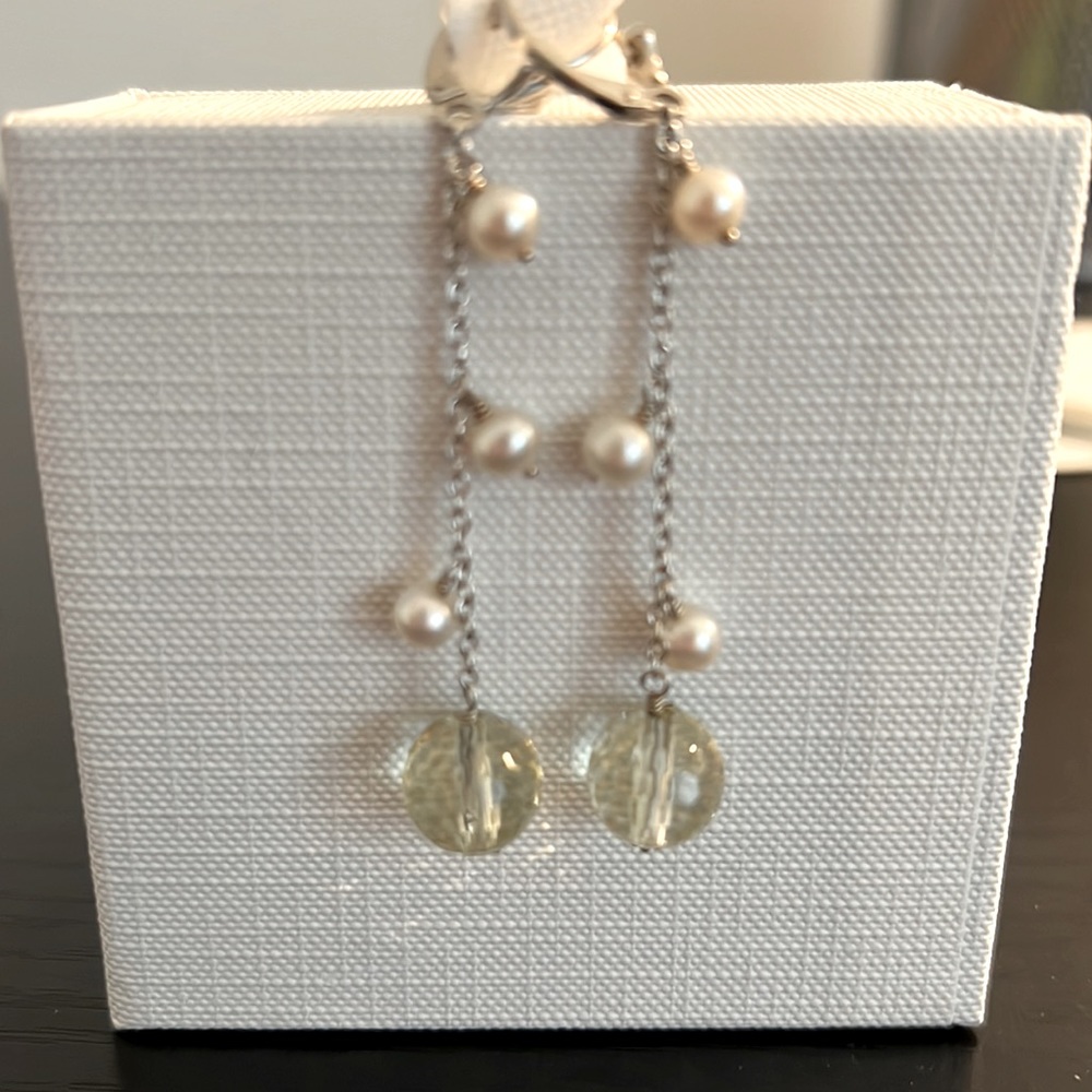 18k white gold pearl and pale citrine tassel earrings